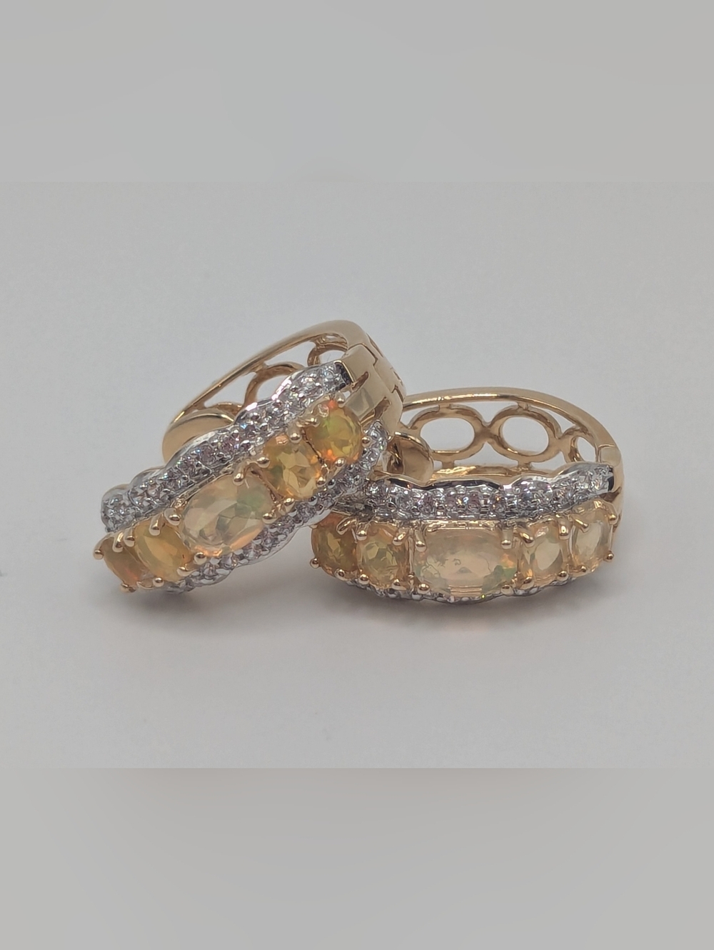 Multi-Color Ethiopian Opal Earrings In 14k Gold Sets, White Zircon Accents, NWOT